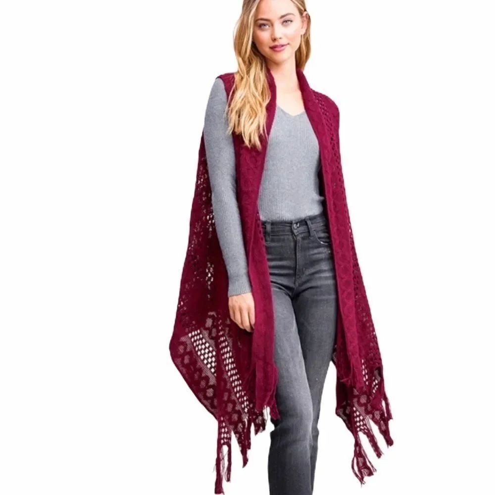 Dark Red Open Knit Cardigan Fringe Vest OS NWT